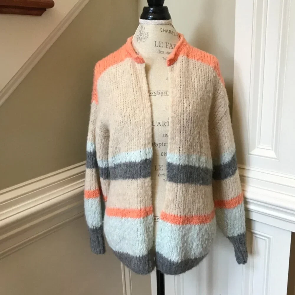 Anthropologie Sita Murt Cardigan Sweater Womens 38 Medium Cream Gray Stripe Knit - Picture 11 of 11